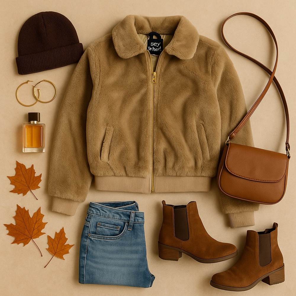 Faux Fur Bomber Jacket by Say What – Medium Taupe Gold Zip Like New